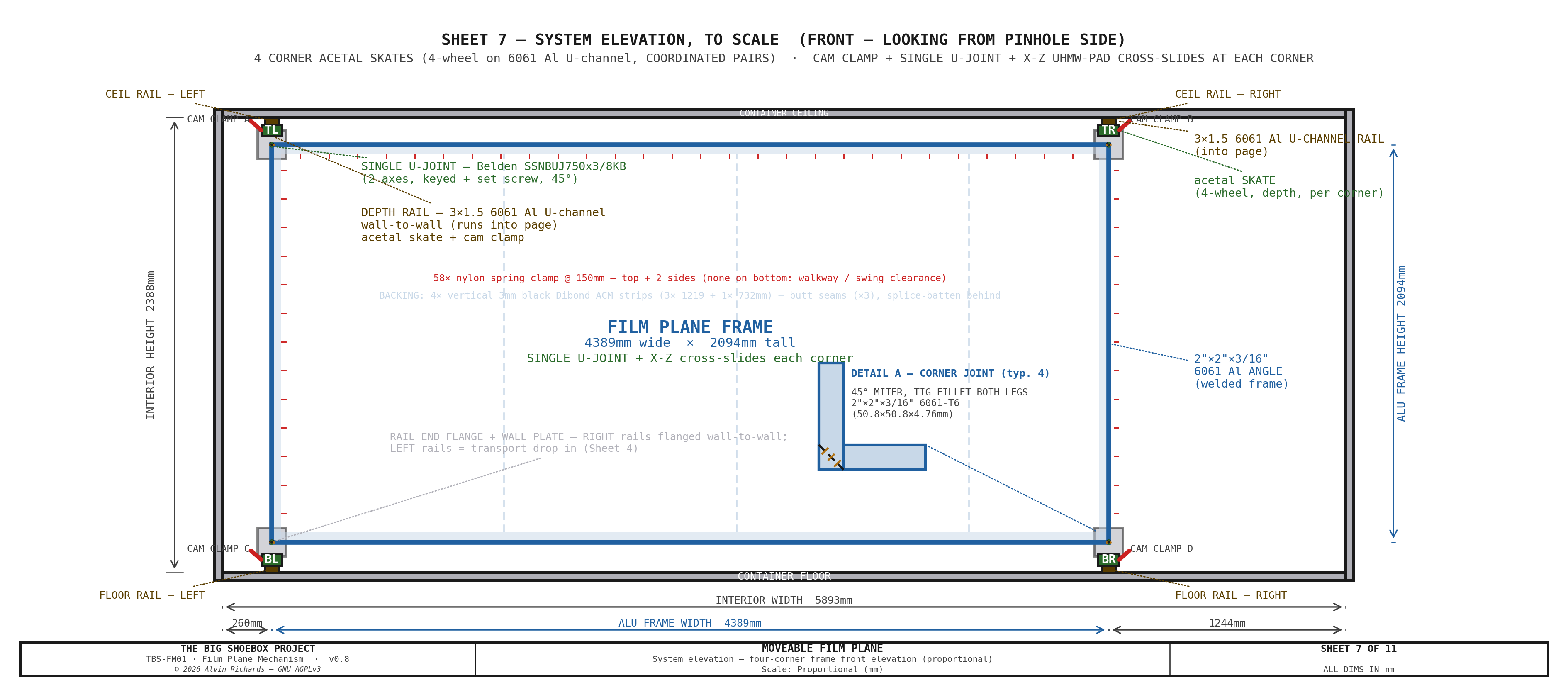 TBS-001 Film Plane Mechanism — Sheet 7: System Schematic, Front Elevation