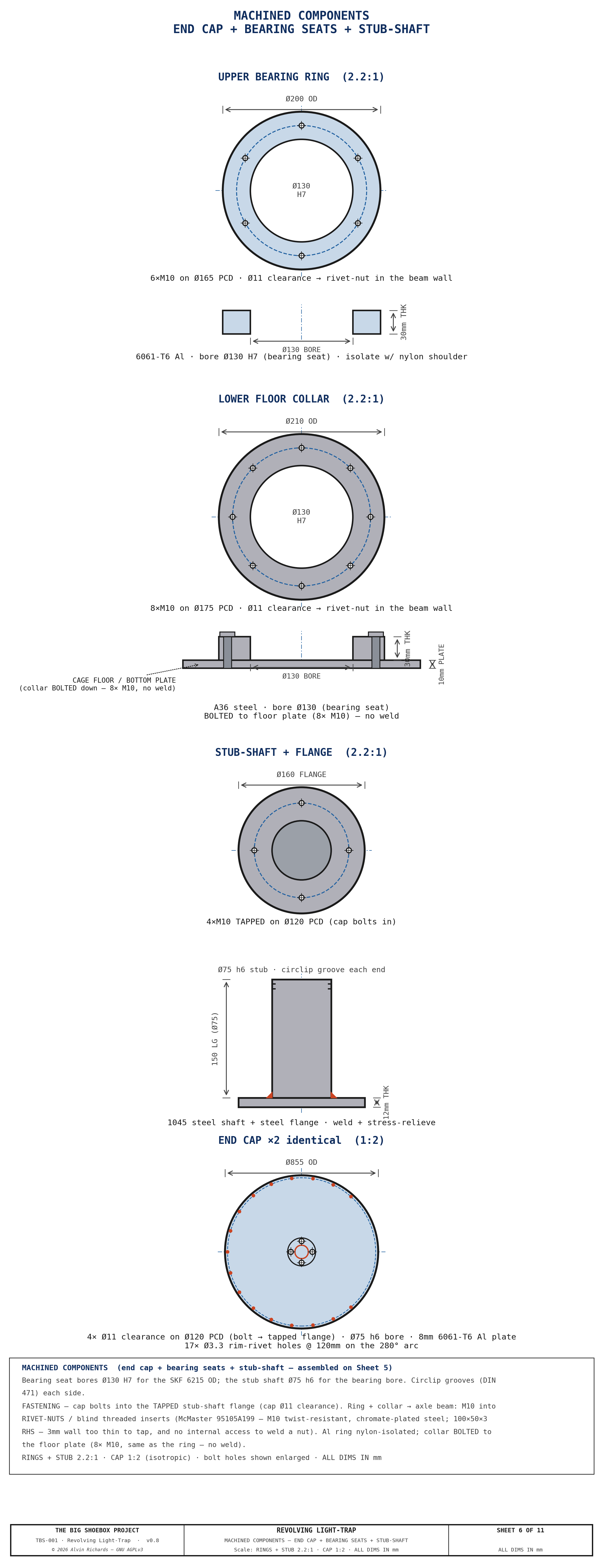 TBS-001 Light-Trap — Sheet 6: Machined Components — Bearing Seats & Stub-Shaft