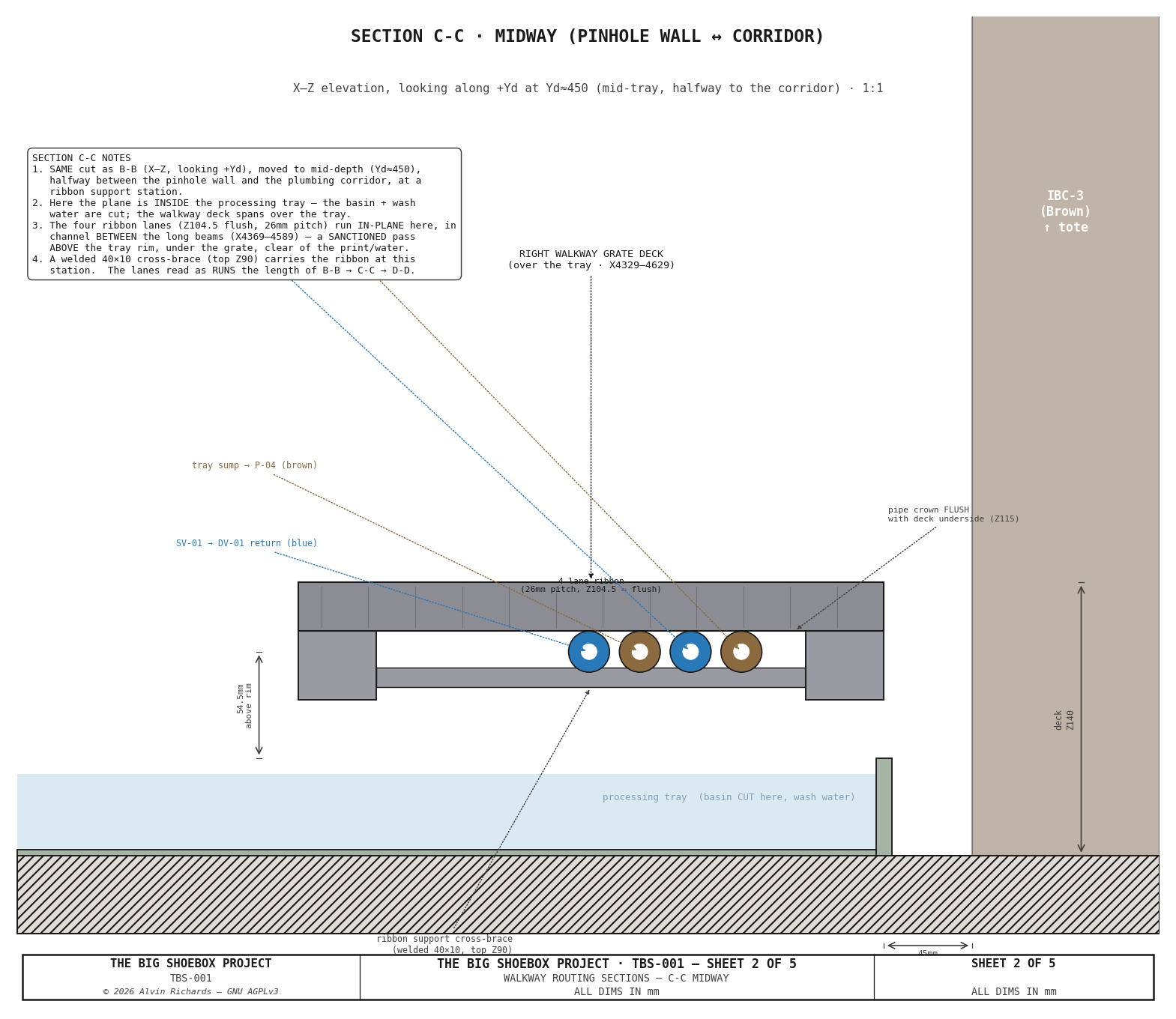 TBS-001 — Walkway Routing Section C-C: midway, mid-tray