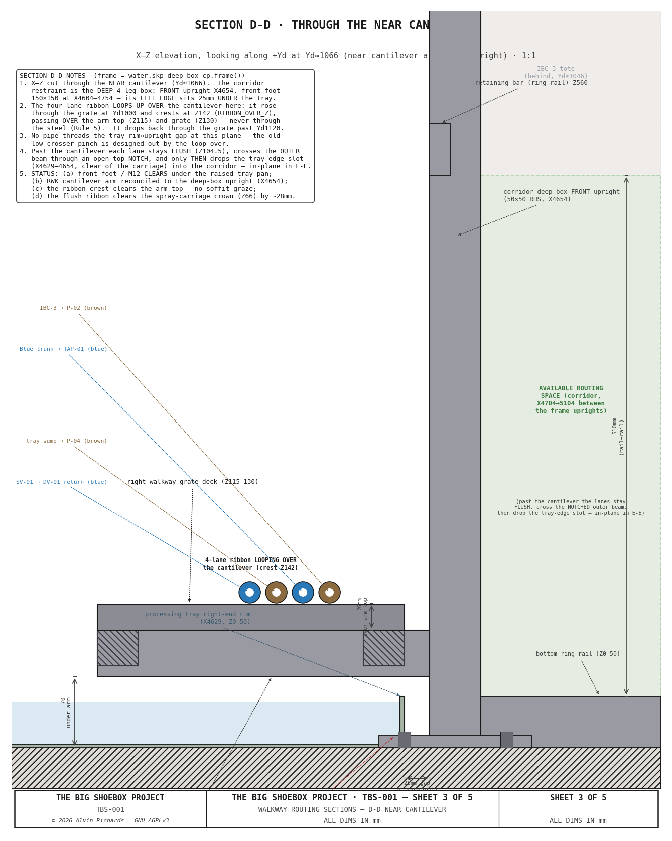 TBS-001 — Walkway Routing Section D-D: through the near cantilever