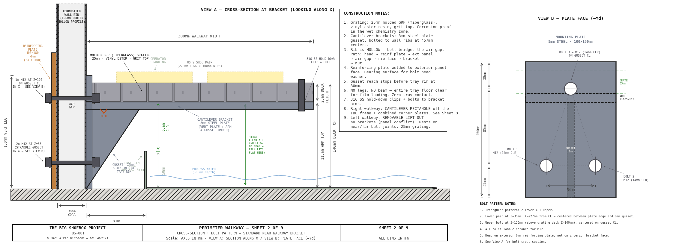 TBS-001 Walkway — Sheet 2: Cross-Section with Bracket Detail