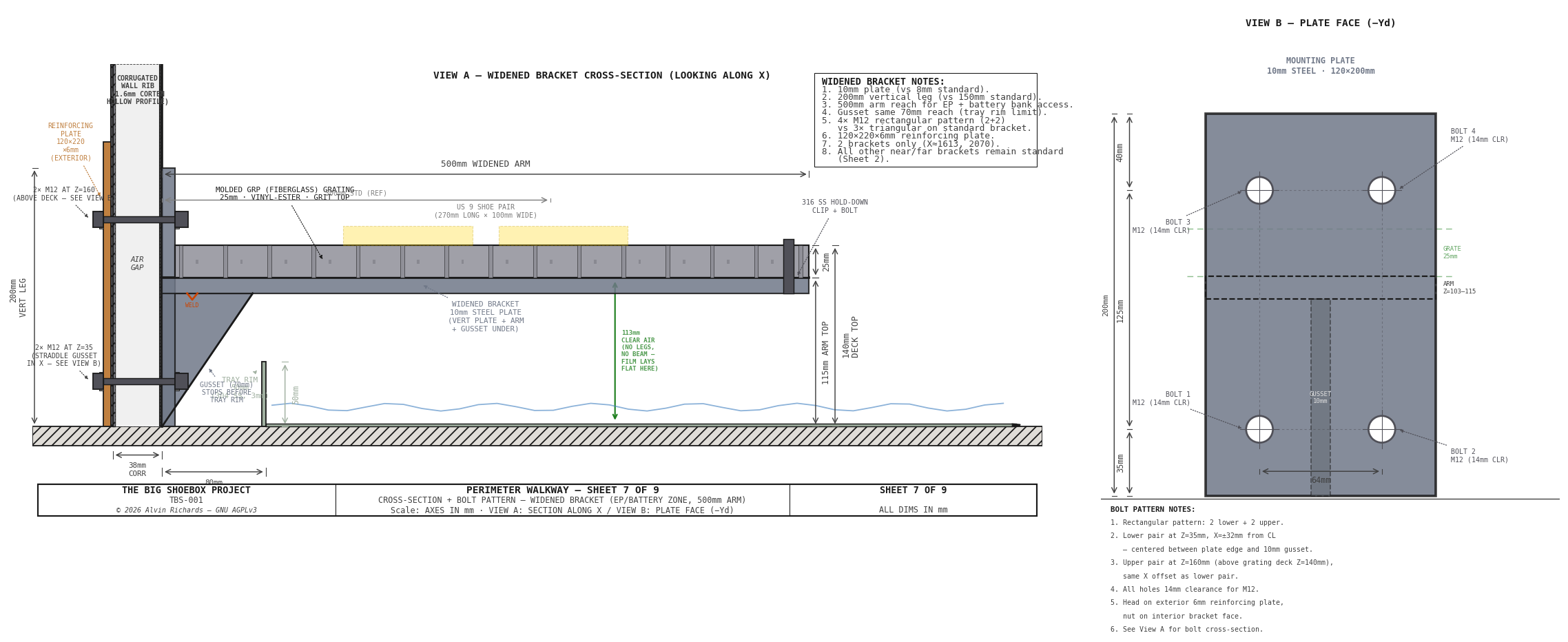 TBS-001 Walkway — Sheet 2: Cross-Section with Bracket Detail
